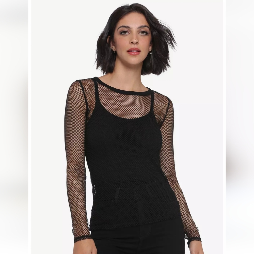HOT TOPIC women's Black Fishnet Mesh Long Sleevea Top Size XL